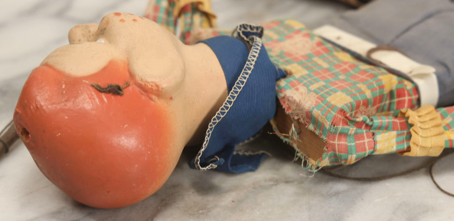 Lot 054 - Vintage Howdy Doody Marionette Puppet Ventriloquist Dummy With Composition Head, Hands, And Feet, Tangled Strings, Doll 17" H