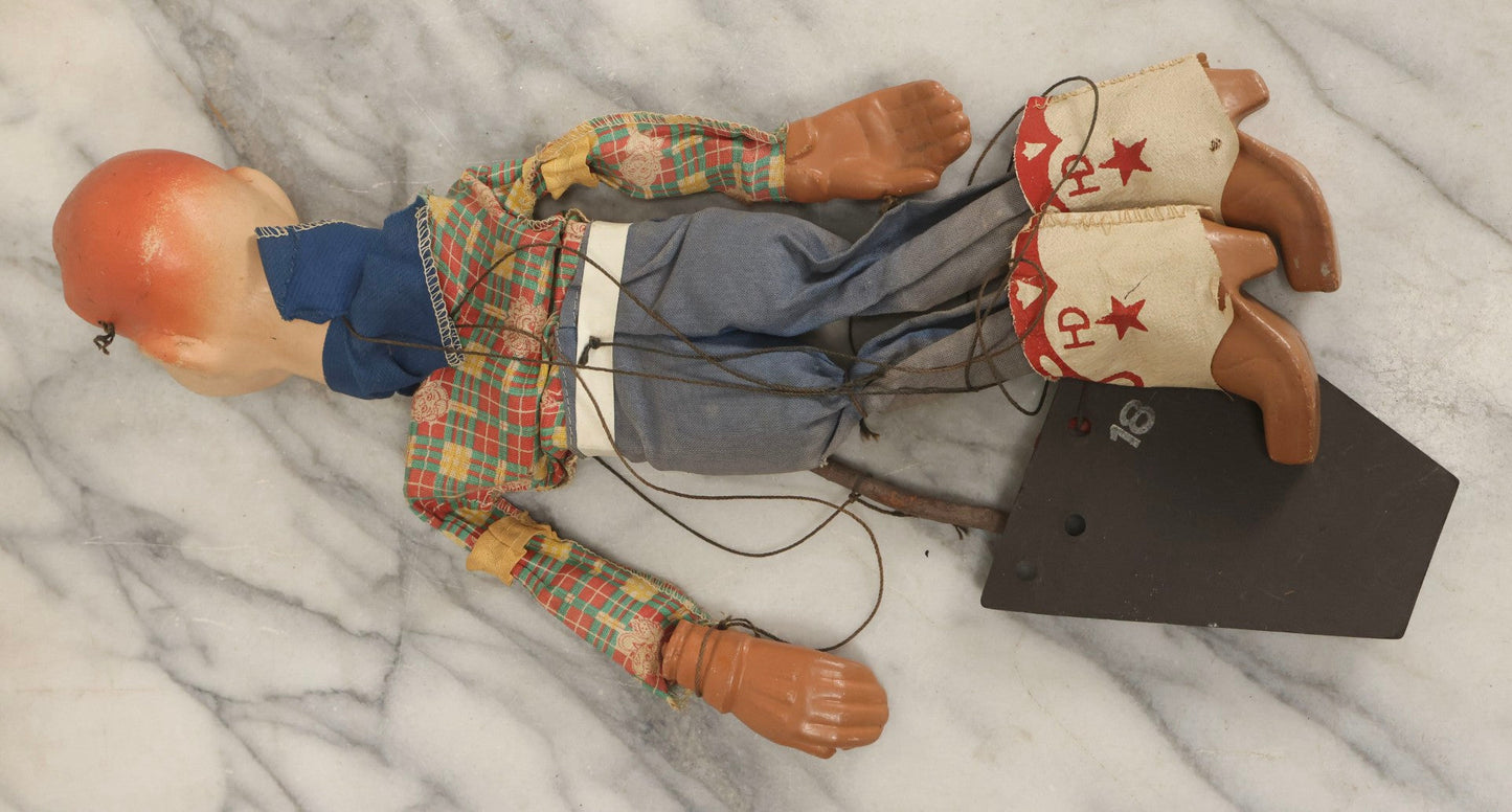 Lot 054 - Vintage Howdy Doody Marionette Puppet Ventriloquist Dummy With Composition Head, Hands, And Feet, Tangled Strings, Doll 17" H