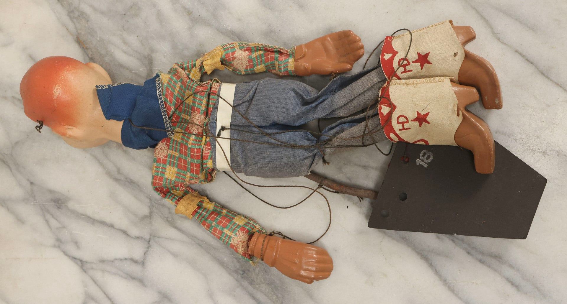 Lot 054 - Vintage Howdy Doody Marionette Puppet Ventriloquist Dummy With Composition Head, Hands, And Feet, Tangled Strings, Doll 17" H