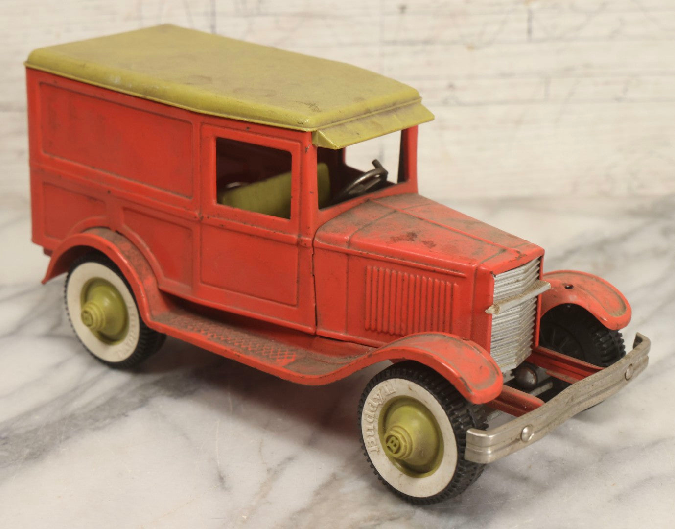 Lot 056 - Vintage Buddy L Ol' Buddy's Pie Wagon Pressed Steel Panel Truck No. 4243, Pink With Green Roof, Incomplete, Poor Condition, 10-1/4" L