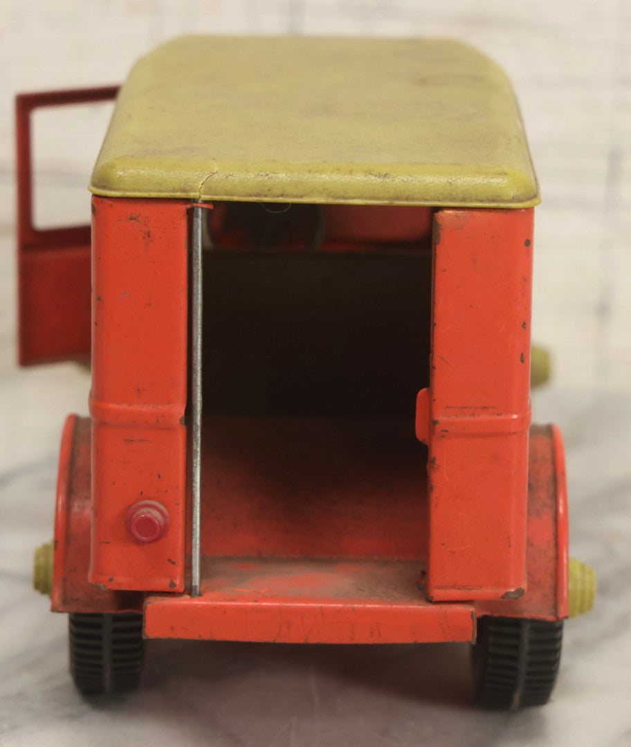 Lot 056 - Vintage Buddy L Ol' Buddy's Pie Wagon Pressed Steel Panel Truck No. 4243, Pink With Green Roof, Incomplete, Poor Condition, 10-1/4" L
