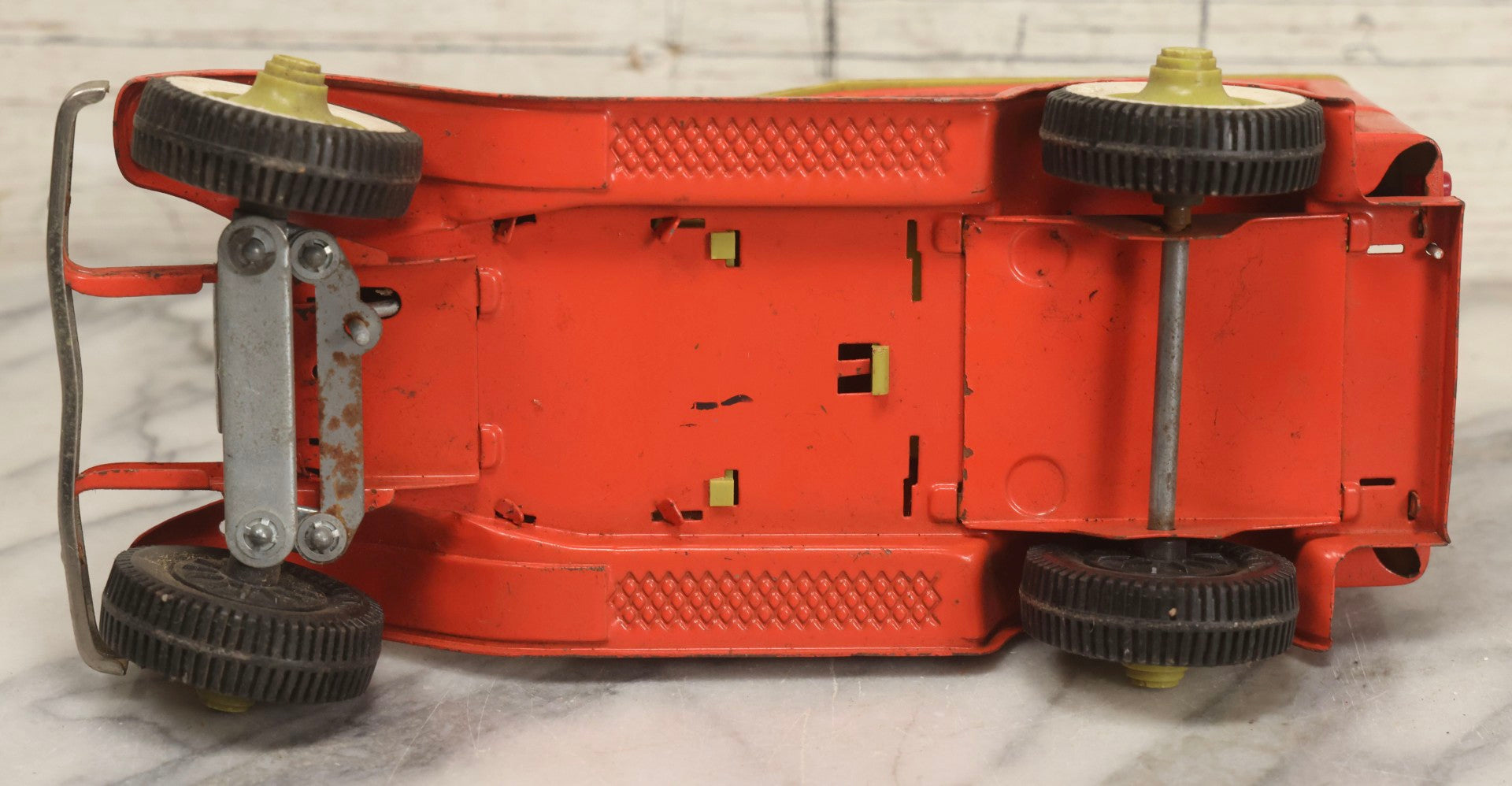 Lot 056 - Vintage Buddy L Ol' Buddy's Pie Wagon Pressed Steel Panel Truck No. 4243, Pink With Green Roof, Incomplete, Poor Condition, 10-1/4" L