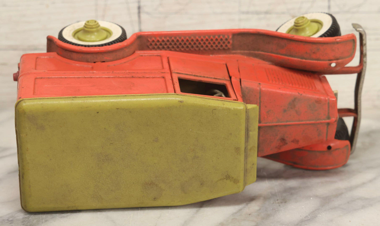 Lot 056 - Vintage Buddy L Ol' Buddy's Pie Wagon Pressed Steel Panel Truck No. 4243, Pink With Green Roof, Incomplete, Poor Condition, 10-1/4" L