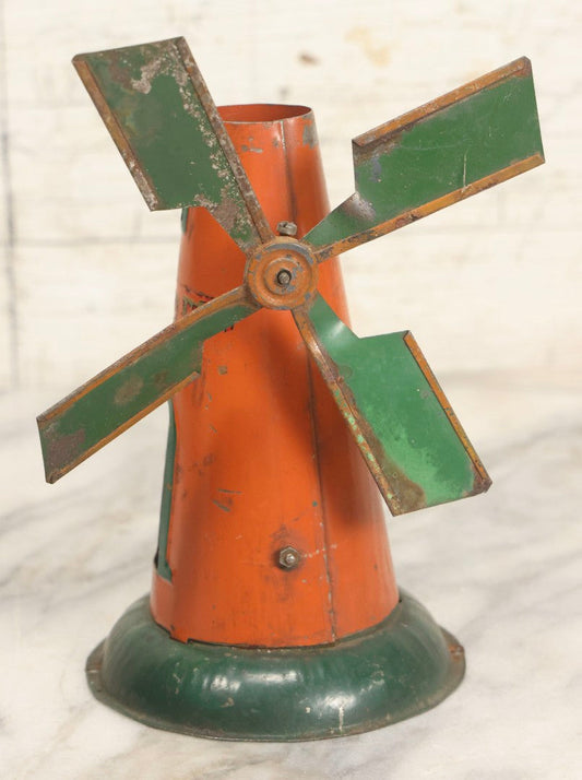 Lot 057 - Vintage Weeden No. 80 Steam Engine Windmill Toy With Orange And Green Paint, Incomplete, 6-1/2" H