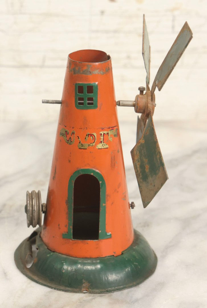 Lot 057 - Vintage Weeden No. 80 Steam Engine Windmill Toy With Orange And Green Paint, Incomplete, 6-1/2" H