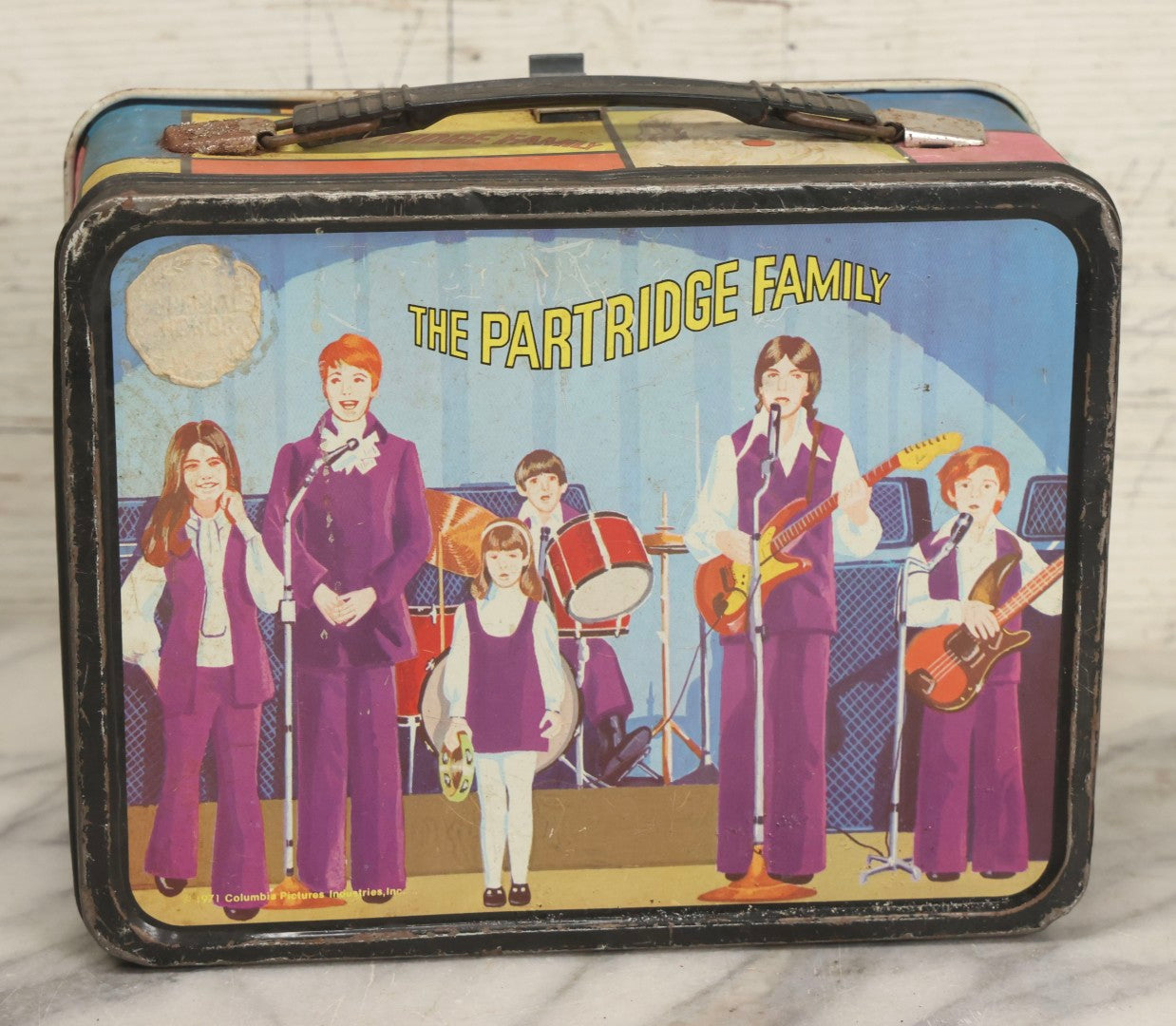 Lot 058 - Vintage Partridge Family Tin Lithographed Lunchbox, Manufactured By Thermos Division Of King-Seeley Thermos Co., Copyright Columbia Pictures Industries, Inc., 1971