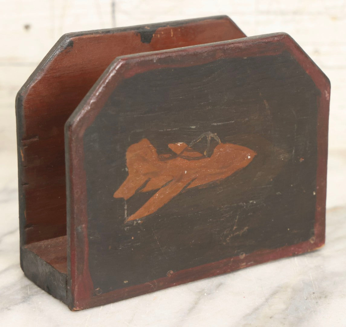 Lot 060 - Vintage Folk Art Child-Made Wooden Napkin Holder With Hand-Painted Airplane Scene