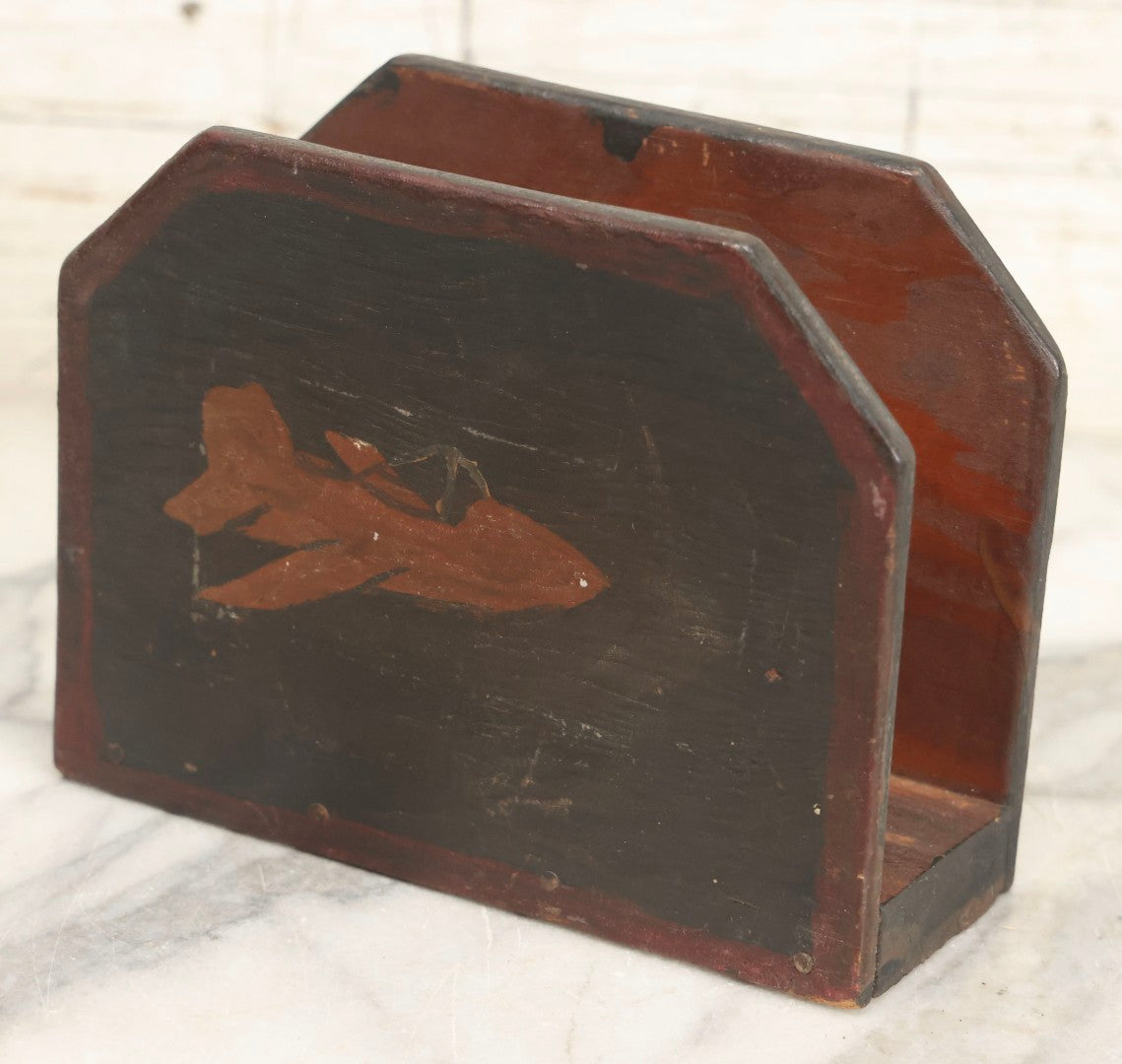 Lot 060 - Vintage Folk Art Child-Made Wooden Napkin Holder With Hand-Painted Airplane Scene