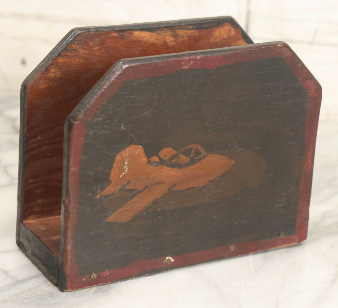 Lot 060 - Vintage Folk Art Child-Made Wooden Napkin Holder With Hand-Painted Airplane Scene