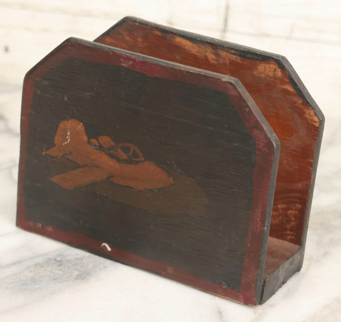 Lot 060 - Vintage Folk Art Child-Made Wooden Napkin Holder With Hand-Painted Airplane Scene