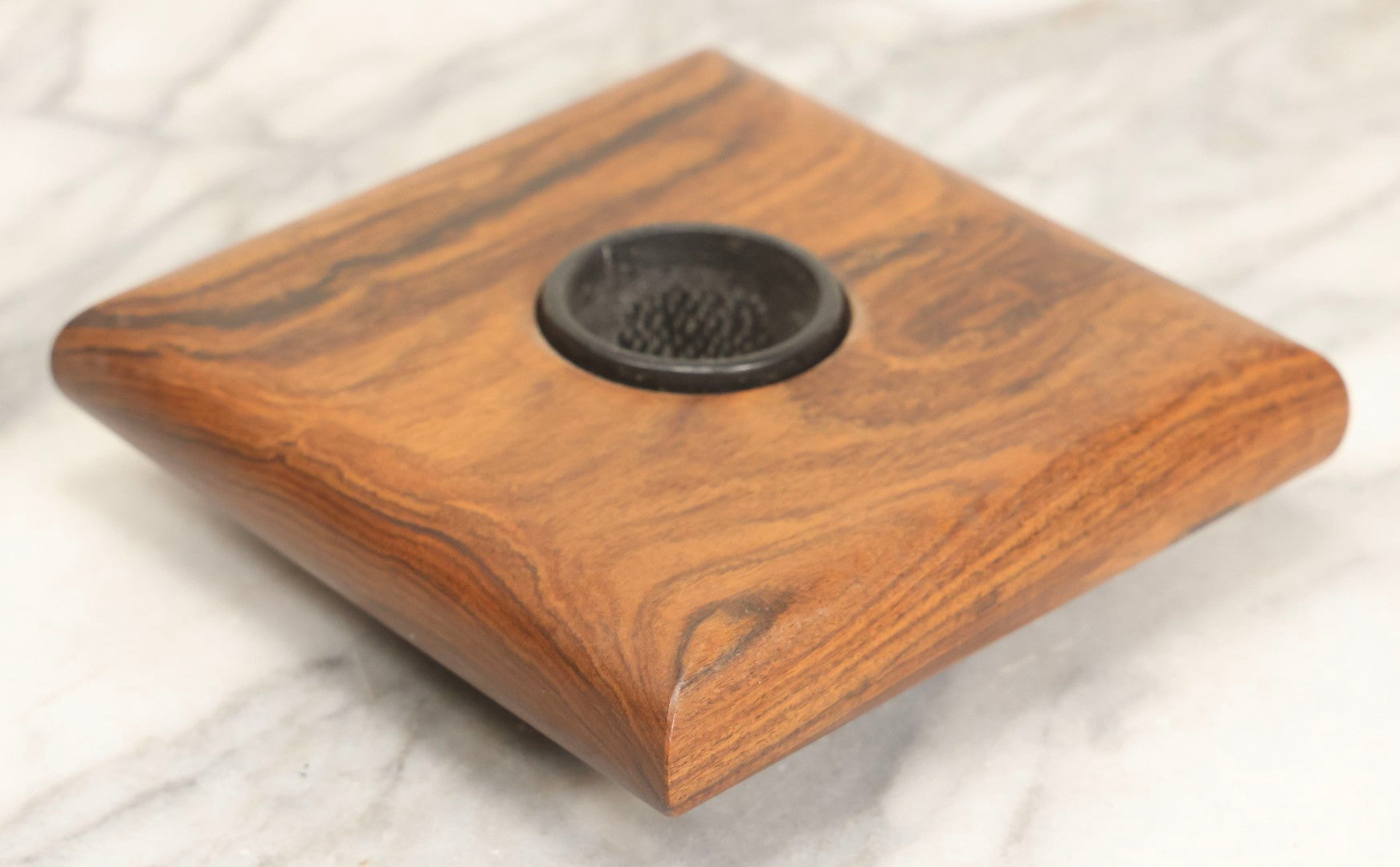 Lot 061 - Vintage Midcentury Walnut Wooden Flower Frog Vase With Metal Pin Insert