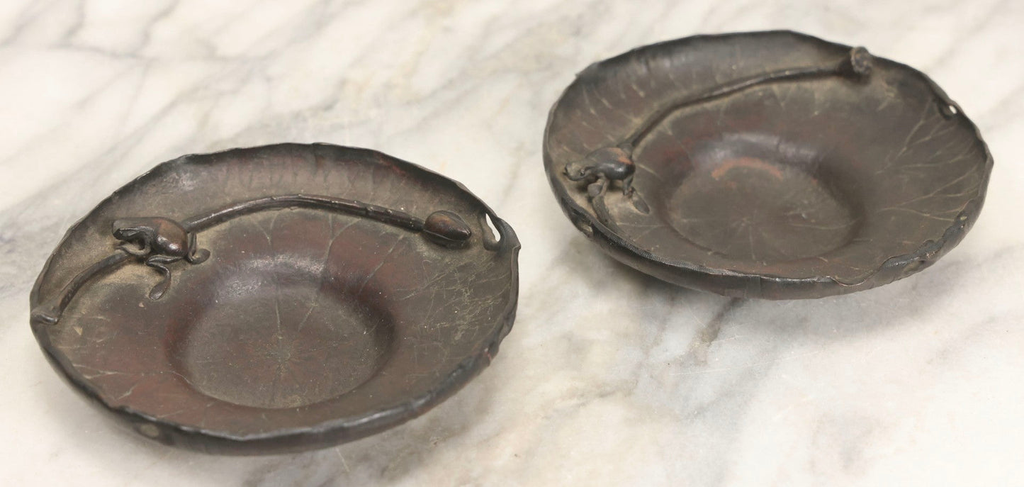 Lot 062 - Pair Of Vintage Reproduction Bronze Lotus And Frog Tea Saucers After Honma Takusai, 4-1/2" Diameter Each