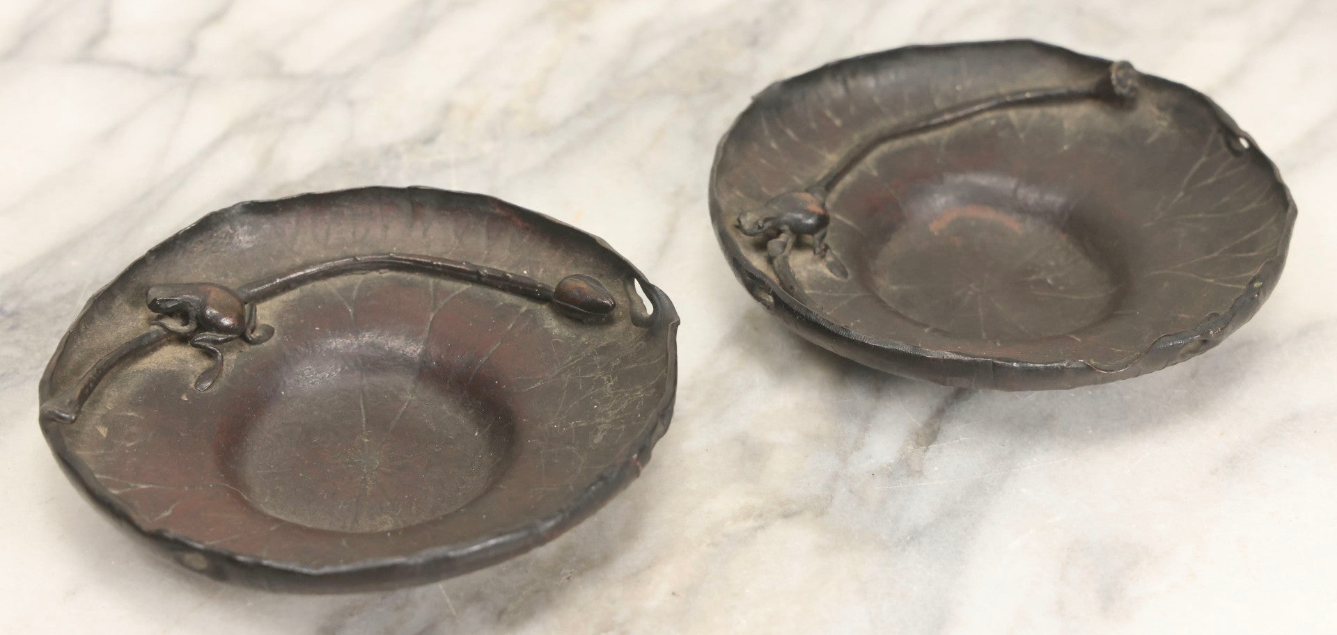 Lot 062 - Pair Of Vintage Reproduction Bronze Lotus And Frog Tea Saucers After Honma Takusai, 4-1/2" Diameter Each
