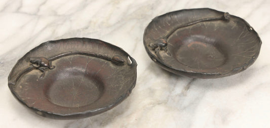 Lot 062 - Pair Of Vintage Reproduction Bronze Lotus And Frog Tea Saucers After Honma Takusai, 4-1/2" Diameter Each