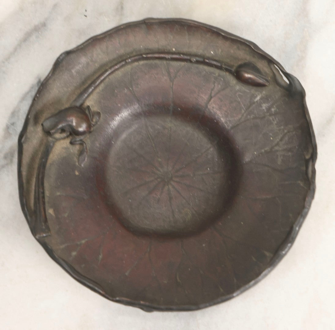 Lot 062 - Pair Of Vintage Reproduction Bronze Lotus And Frog Tea Saucers After Honma Takusai, 4-1/2" Diameter Each