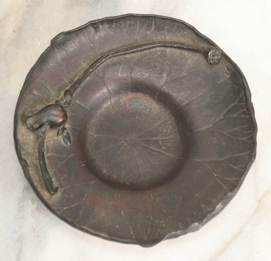 Lot 062 - Pair Of Vintage Reproduction Bronze Lotus And Frog Tea Saucers After Honma Takusai, 4-1/2" Diameter Each