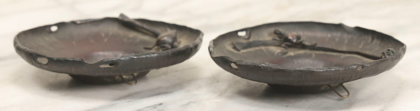 Lot 062 - Pair Of Vintage Reproduction Bronze Lotus And Frog Tea Saucers After Honma Takusai, 4-1/2" Diameter Each