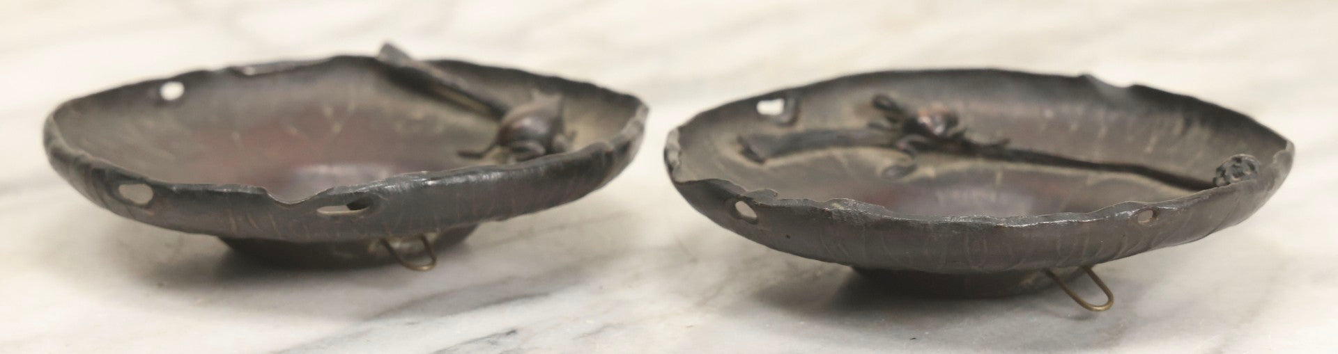 Lot 062 - Pair Of Vintage Reproduction Bronze Lotus And Frog Tea Saucers After Honma Takusai, 4-1/2" Diameter Each