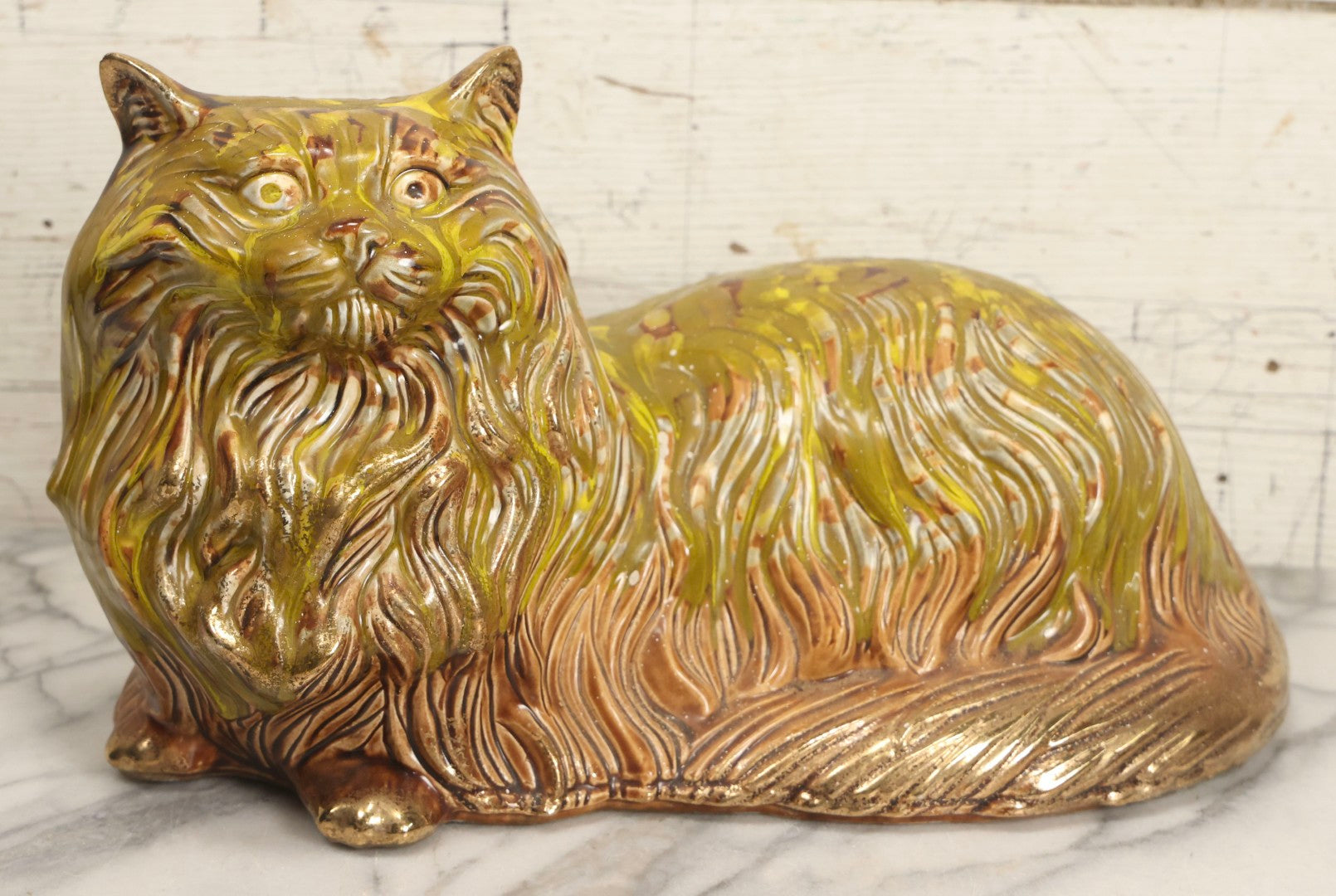 Lot 064 - Vintage Midcentury Ceramic Long-Haired Cat Figurine With Mottled Green Glaze