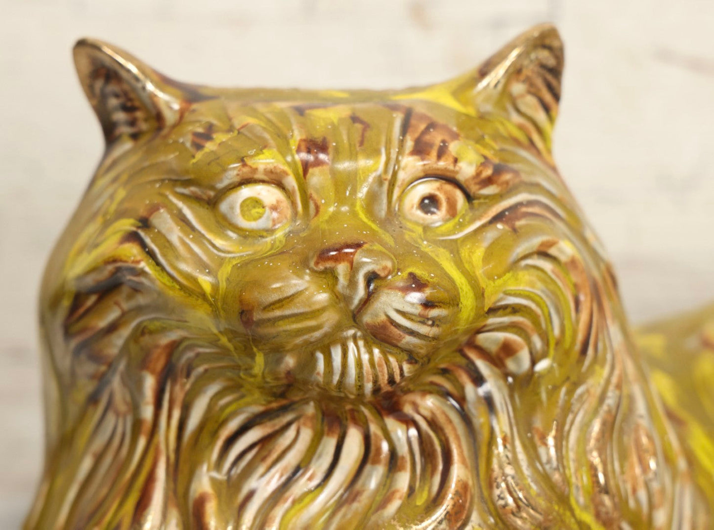 Lot 064 - Vintage Midcentury Ceramic Long-Haired Cat Figurine With Mottled Green Glaze