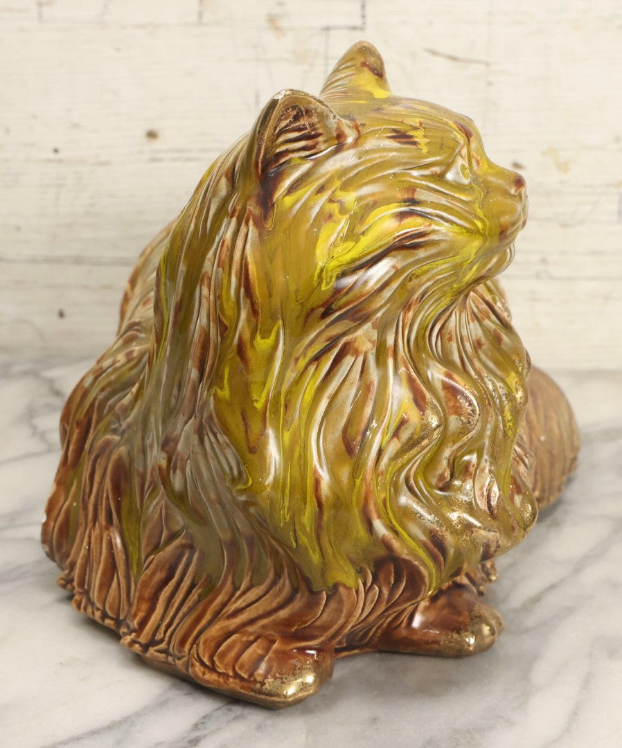 Lot 064 - Vintage Midcentury Ceramic Long-Haired Cat Figurine With Mottled Green Glaze