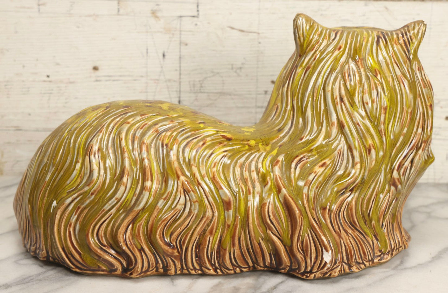 Lot 064 - Vintage Midcentury Ceramic Long-Haired Cat Figurine With Mottled Green Glaze