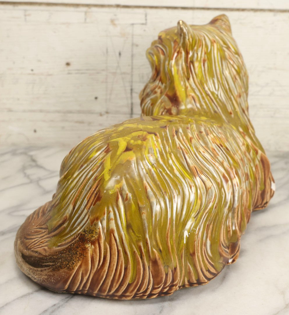 Lot 064 - Vintage Midcentury Ceramic Long-Haired Cat Figurine With Mottled Green Glaze