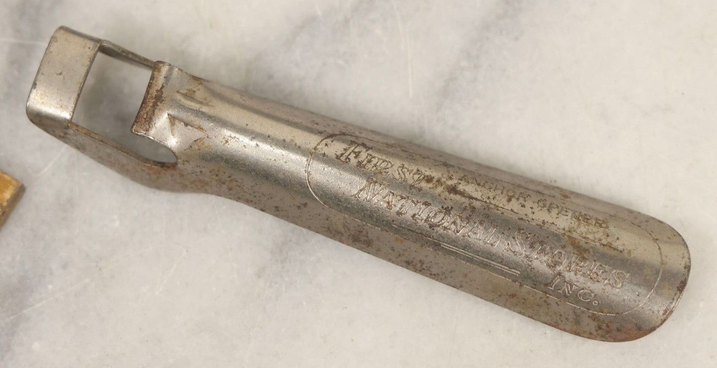 Lot 067 - Grouping Of Eleven Vintage Metal Smalls Including Compass, Wick Trimmer, Measuring Tools, Advertising Opener, Jewelry, Padlock, Tin Toy Bank, And Miniatures