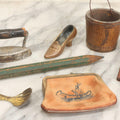 Lot 068 - Grouping Of Seven Mixed Vintage Smalls Including Miniature Shoe, Coin Purse, Mini Cast Iron Sad Iron, Jumbo Fitchburg, Mass Souvenir Pencil, Key Holder, And Advertising Spoon