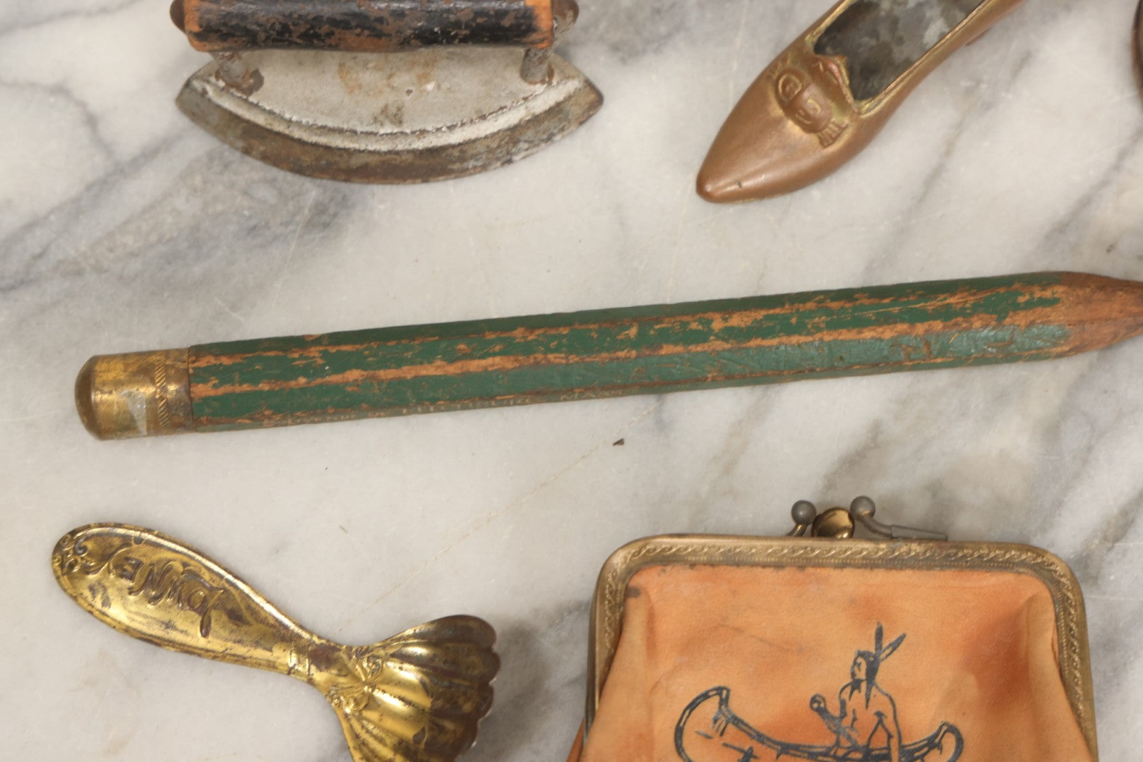 Lot 068 - Grouping Of Seven Mixed Vintage Smalls Including Miniature Shoe, Coin Purse, Mini Cast Iron Sad Iron, Jumbo Fitchburg, Mass Souvenir Pencil, Key Holder, And Advertising Spoon