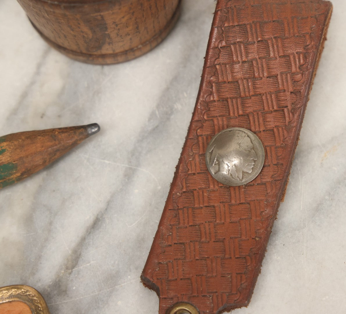 Lot 068 - Grouping Of Seven Mixed Vintage Smalls Including Miniature Shoe, Coin Purse, Mini Cast Iron Sad Iron, Jumbo Fitchburg, Mass Souvenir Pencil, Key Holder, And Advertising Spoon