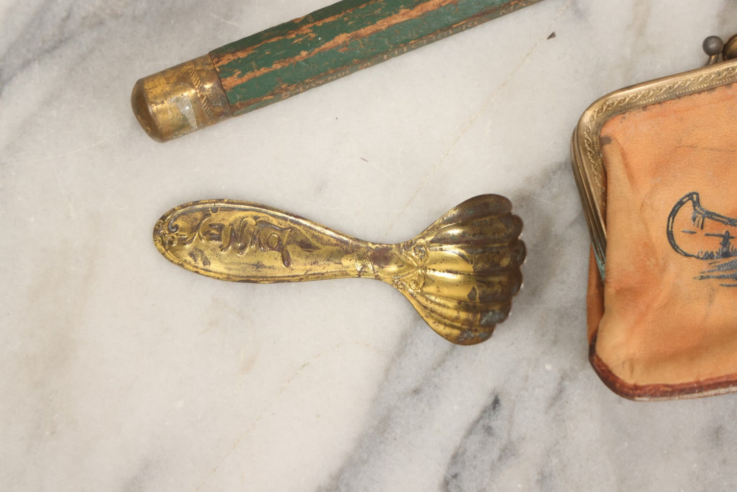 Lot 068 - Grouping Of Seven Mixed Vintage Smalls Including Miniature Shoe, Coin Purse, Mini Cast Iron Sad Iron, Jumbo Fitchburg, Mass Souvenir Pencil, Key Holder, And Advertising Spoon