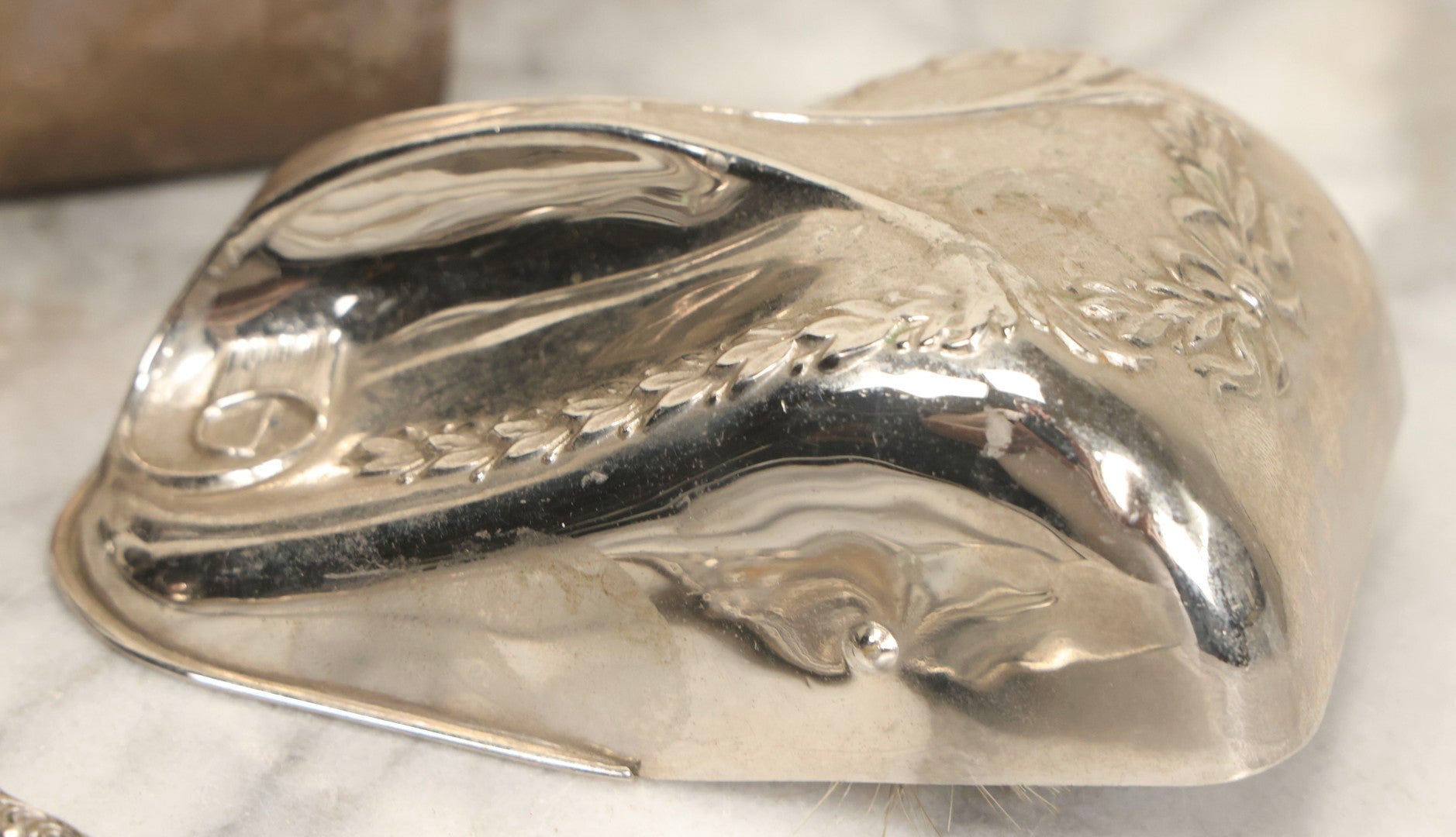 Lot 069 - Eight-Piece Vintage Silverplate Tableware And Accessories Lot Including Engraved Chalice, “The Crumber” Table Sweeper, Sugar Scuttle, Utensils, And 1938-1963 25th Anniversary Presentation Box