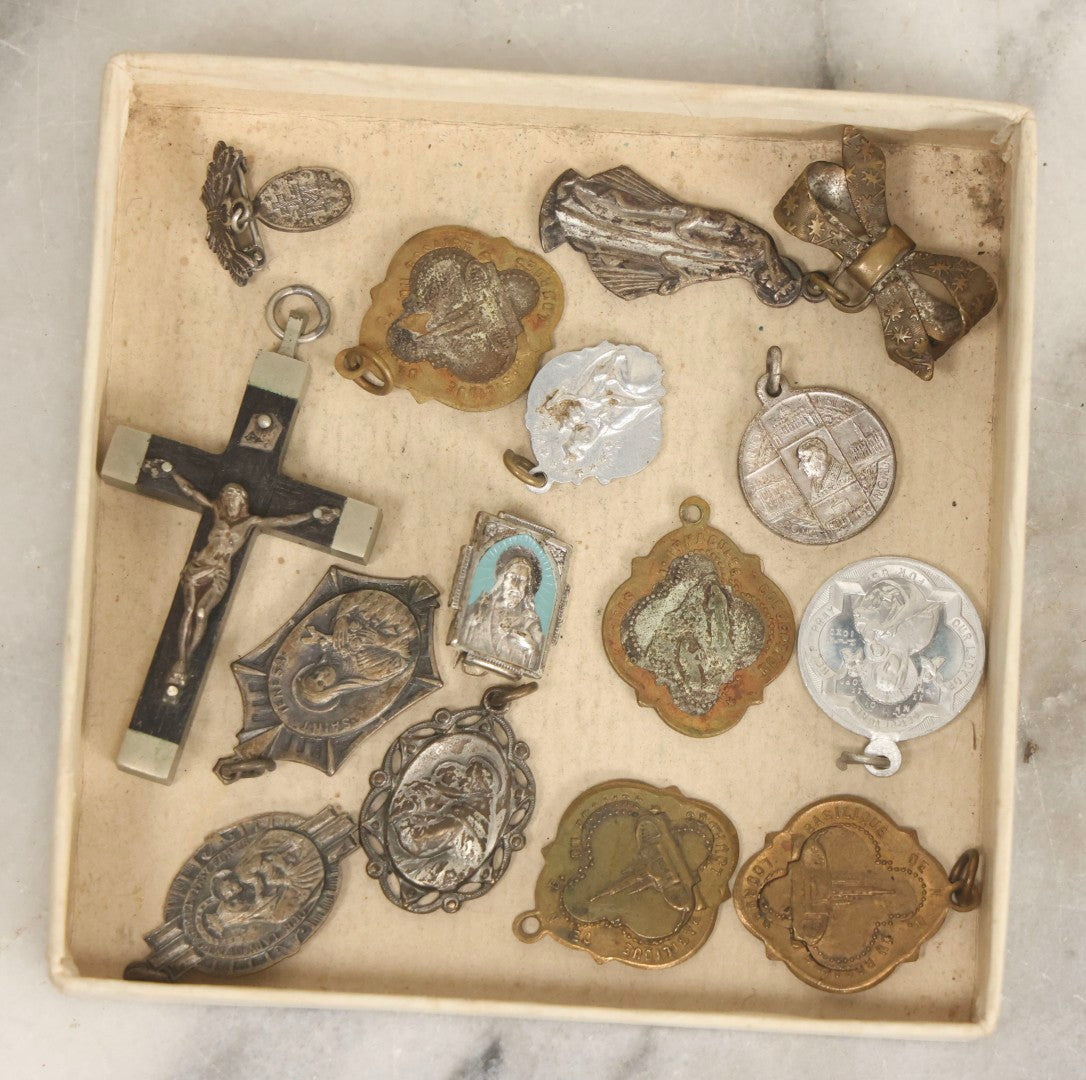 Lot 070 - Box Lot Grouping Of Mixed Vintage Metal Religious Charms And Pins With Crucifix
