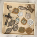 Lot 070 - Box Lot Grouping Of Mixed Vintage Metal Religious Charms And Pins With Crucifix