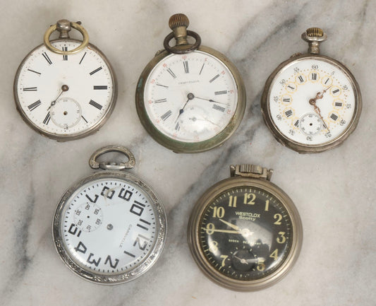Lot 074 - Grouping Of Five Antique And Vintage Pocket Watches Including Two Monogrammed Examples With Tested Silver Content