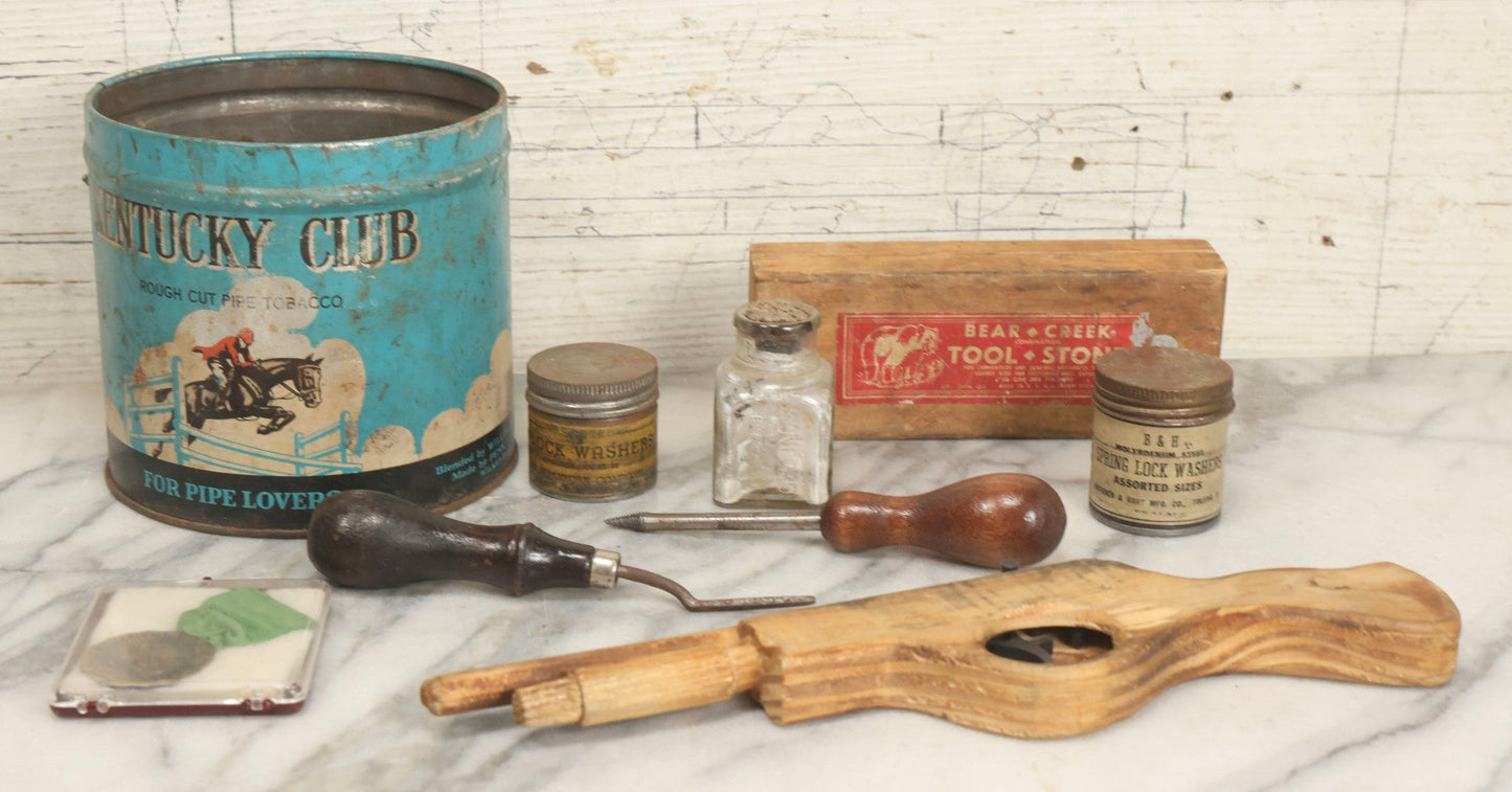 Lot 076 - Grouping Of Ten Mixed Antique And Vintage Smalls Including Kentucky Club Pipe Tobacco Tin, Bear Creek Tool Stone Box, Toy Shotgun, And Hardware