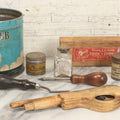 Lot 076 - Grouping Of Ten Mixed Antique And Vintage Smalls Including Kentucky Club Pipe Tobacco Tin, Bear Creek Tool Stone Box, Toy Shotgun, And Hardware