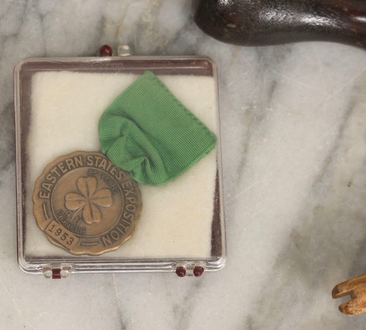 Lot 076 - Grouping Of Ten Mixed Antique And Vintage Smalls Including Kentucky Club Pipe Tobacco Tin, Bear Creek Tool Stone Box, Toy Shotgun, And Hardware