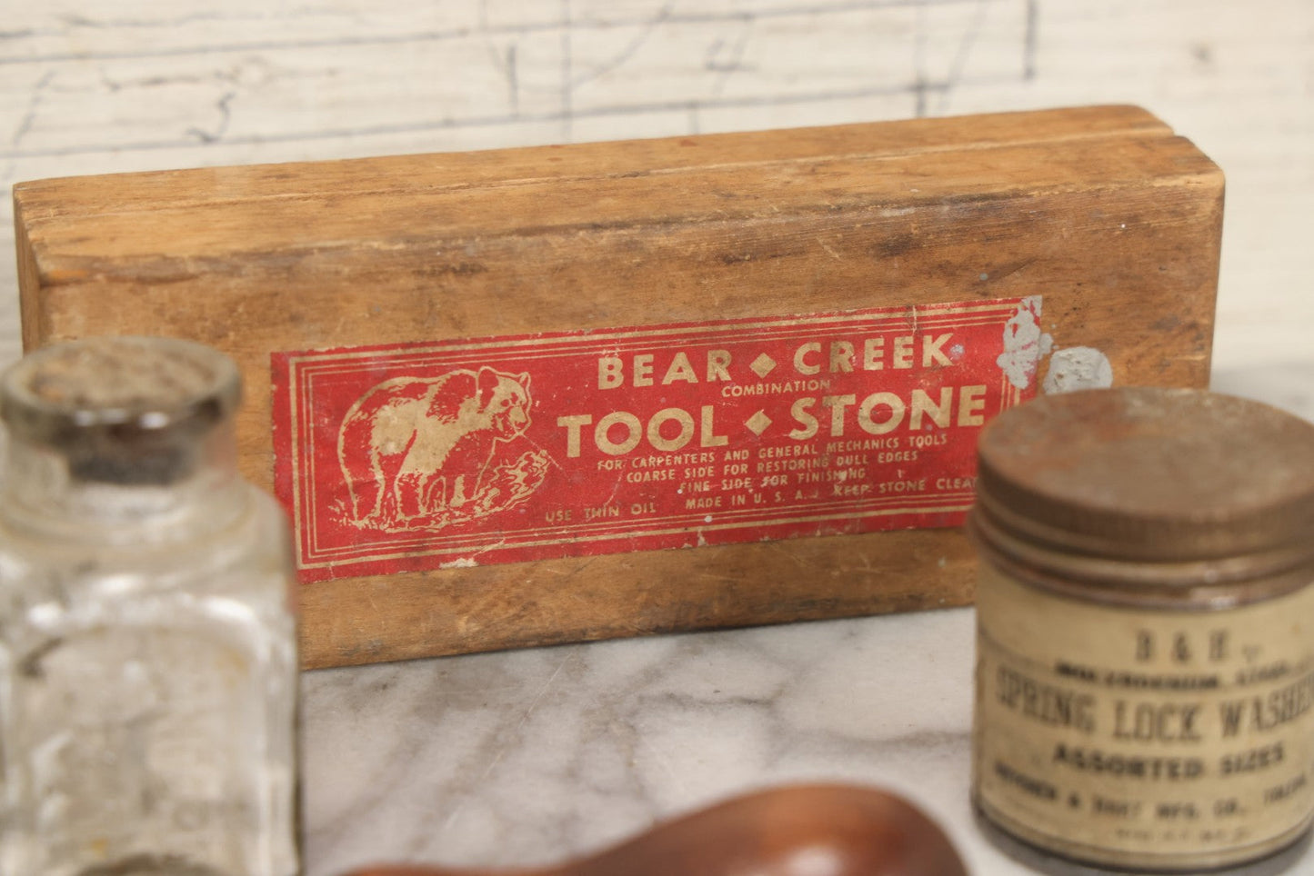 Lot 076 - Grouping Of Ten Mixed Antique And Vintage Smalls Including Kentucky Club Pipe Tobacco Tin, Bear Creek Tool Stone Box, Toy Shotgun, And Hardware