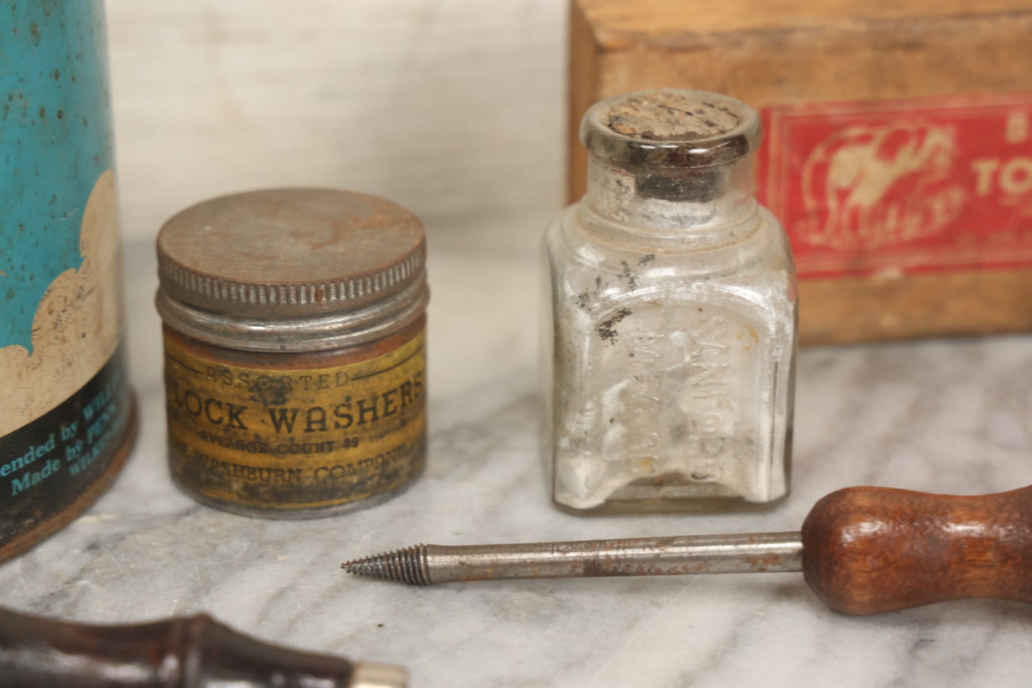 Lot 076 - Grouping Of Ten Mixed Antique And Vintage Smalls Including Kentucky Club Pipe Tobacco Tin, Bear Creek Tool Stone Box, Toy Shotgun, And Hardware