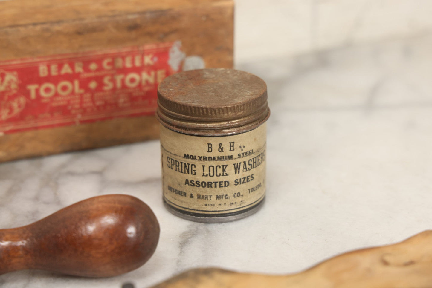 Lot 076 - Grouping Of Ten Mixed Antique And Vintage Smalls Including Kentucky Club Pipe Tobacco Tin, Bear Creek Tool Stone Box, Toy Shotgun, And Hardware