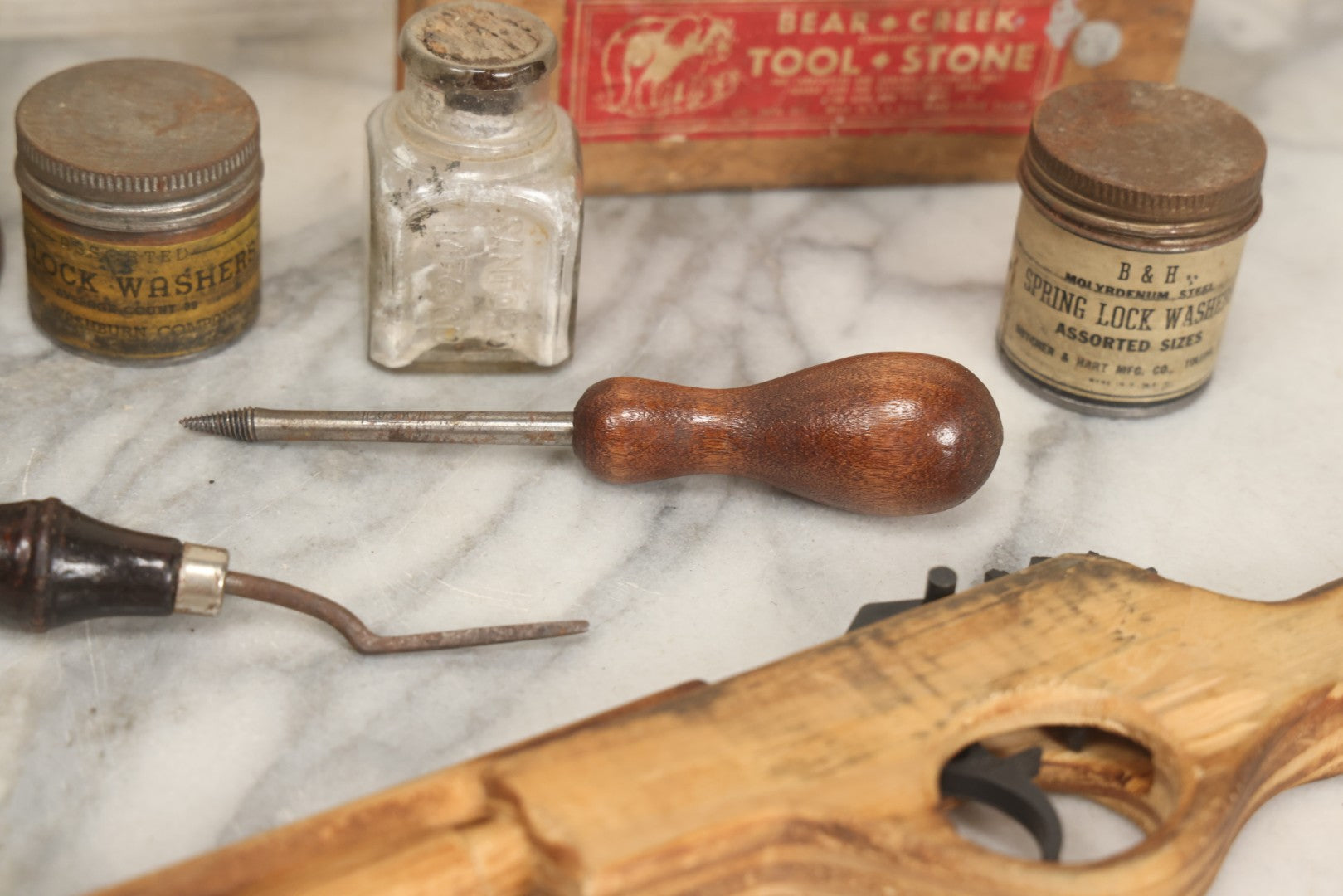 Lot 076 - Grouping Of Ten Mixed Antique And Vintage Smalls Including Kentucky Club Pipe Tobacco Tin, Bear Creek Tool Stone Box, Toy Shotgun, And Hardware