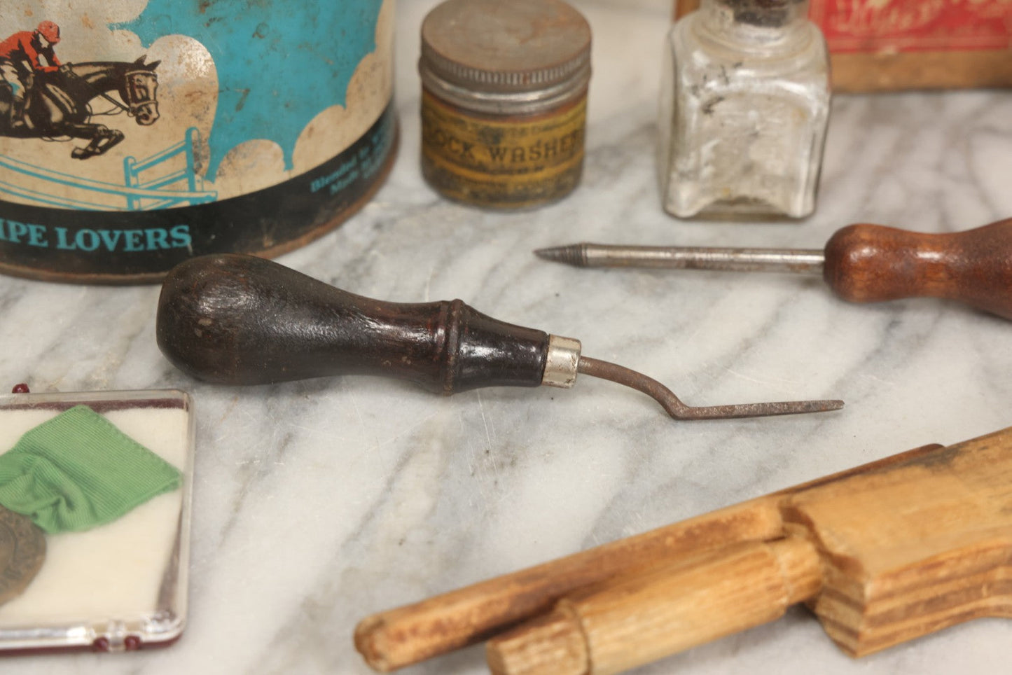 Lot 076 - Grouping Of Ten Mixed Antique And Vintage Smalls Including Kentucky Club Pipe Tobacco Tin, Bear Creek Tool Stone Box, Toy Shotgun, And Hardware