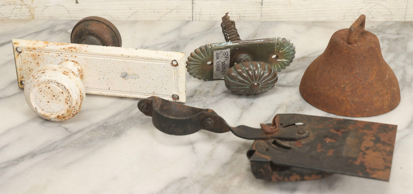 Lot 077 - Grouping Of Four Antique Hardware Items Including Metal Bell, Door Knobs, Escutcheon, And Autodesk Steering Wheel Bracket