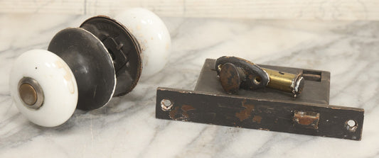 Lot 078 - Antique White Porcelain Door Knob Set With Cast Metal Hardware, Rectangle Insert Lockset, And Brass Cylinder