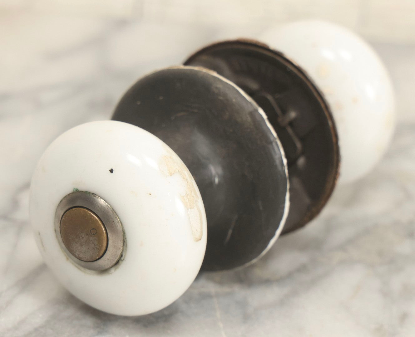 Lot 078 - Antique White Porcelain Door Knob Set With Cast Metal Hardware, Rectangle Insert Lockset, And Brass Cylinder