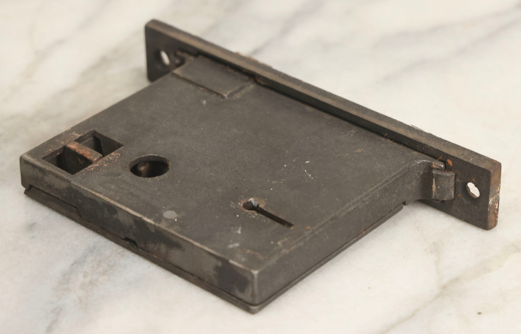 Lot 078 - Antique White Porcelain Door Knob Set With Cast Metal Hardware, Rectangle Insert Lockset, And Brass Cylinder