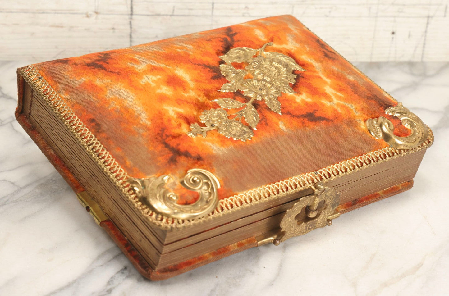 Lot 081 - Antique Cabinet Card And Carte De Visite C.D.V. Photograph Album With 38 Photographs, Brass Pressed Metal Ornaments, Display Stand, Orange And Brown Patterned Crushed Velvet Covers