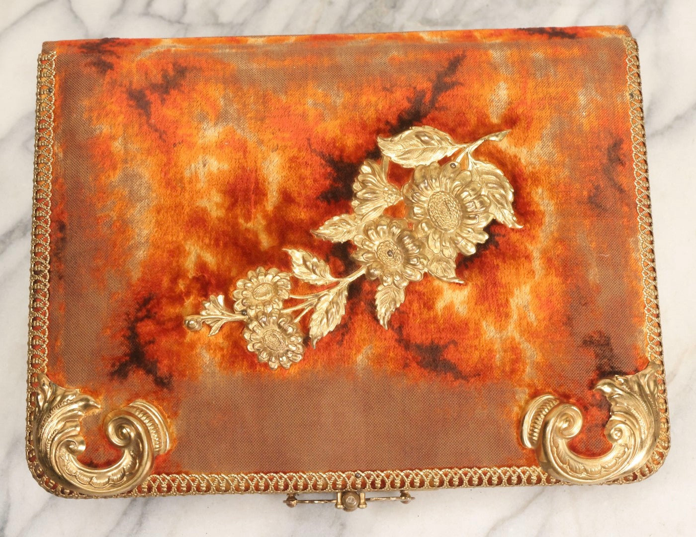 Lot 081 - Antique Cabinet Card And Carte De Visite C.D.V. Photograph Album With 38 Photographs, Brass Pressed Metal Ornaments, Display Stand, Orange And Brown Patterned Crushed Velvet Covers